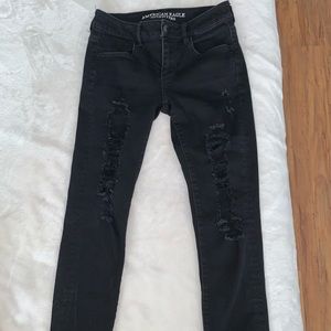 American Eagle Black Super Stretch Jeans Jegging Crop Distressed Size 4